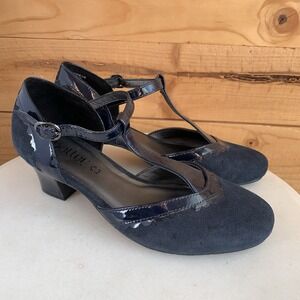 Hotter Viviene T Strap Kitten Heel Pumps Blue Suede Vintage Style Pin Up Sz 5/36